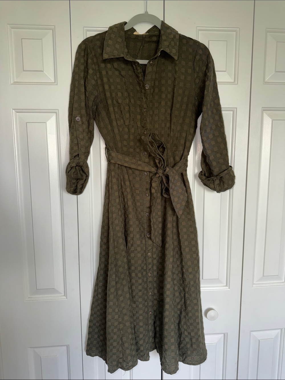 Roolee Women's Olive Green Checked Button-Front Shirt Dress with Waist Tie